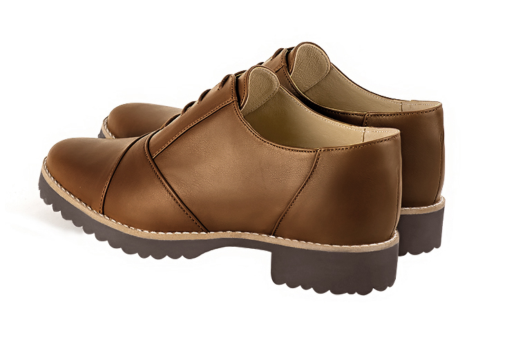 Caramel brown women's casual lace-up shoes. Round toe. Flat rubber soles. Rear view - Florence KOOIJMAN